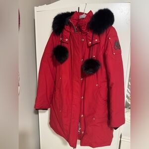 Moose Knuckles Women's Stirling Parka with Fur Trim Hood, Deep Red, Medium.
